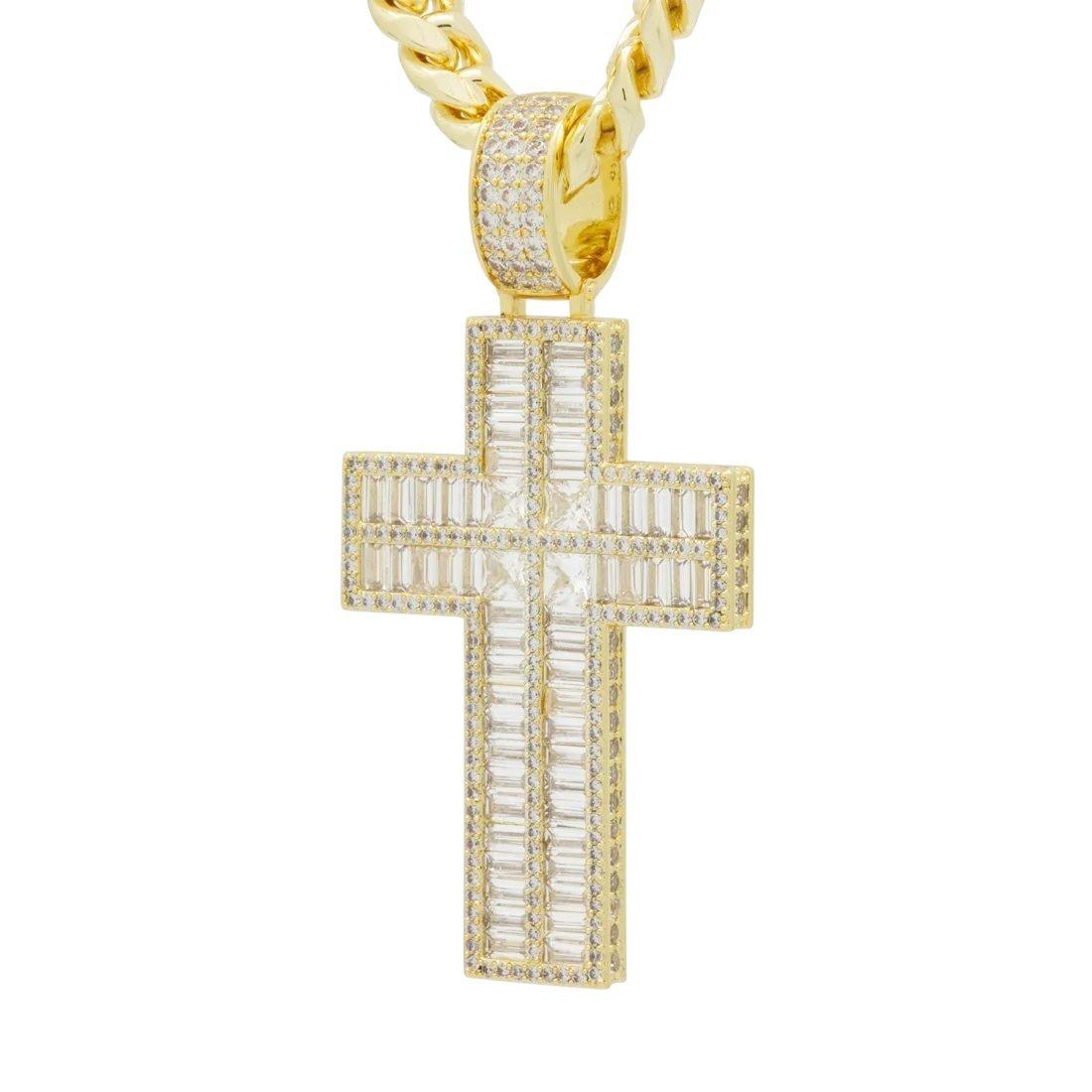 King Ice Baguette Cut Cross Necklace - GOLD